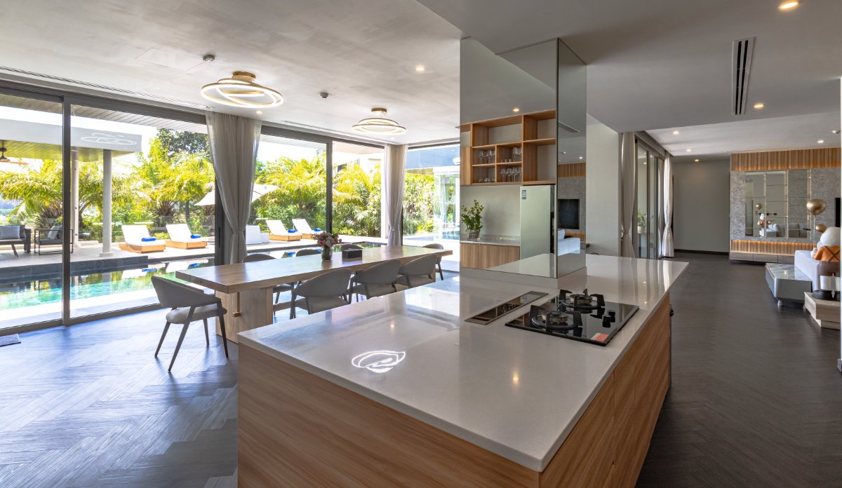 Living, kitchen and dining at Villa Lion